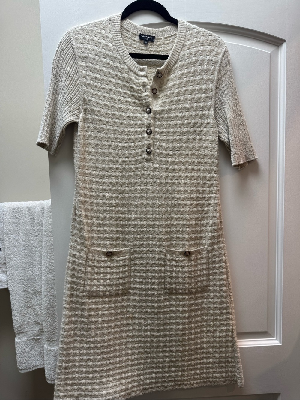 Chanel 2017 Paris Cosmopolite Ivory Lurex Tweed Knit Dress FR 40